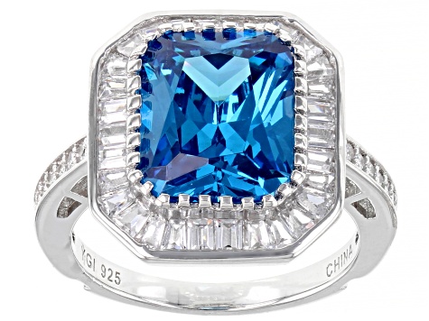 Blue And White Cubic Zirconia Rhodium Over Sterling Silver Ring With Guard 11.57ctw