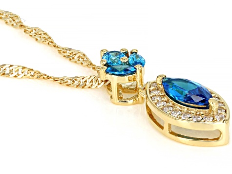 Blue And White Cubic Zirconia 18K Yellow Gold Over Sterling Silver Pendant With Chain 1.35ctw