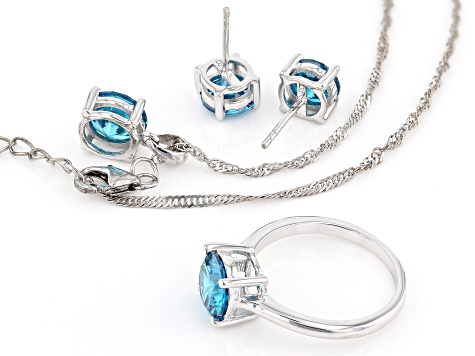 Blue Cubic Zirconia Rhodium Over Sterling Silver Jewelry Set 10.35ctw