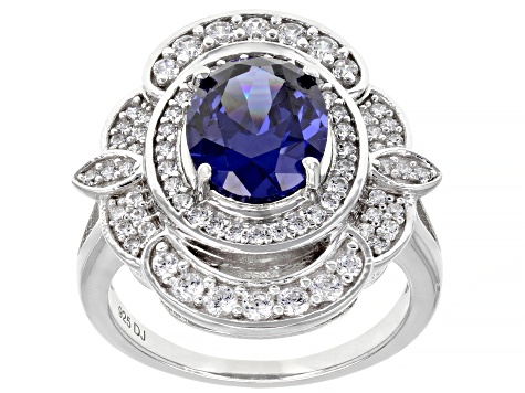 Blue And White Cubic Zirconia Rhodium Over Sterling Silver Ring 5.57ctw