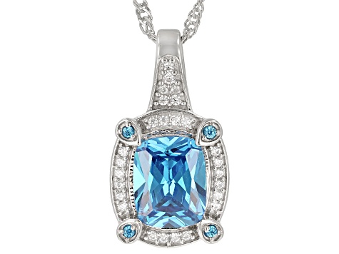 Blue And White Cubic Zirconia Rhodium Over Sterling Silver Pendant With Chain 5.44ctw