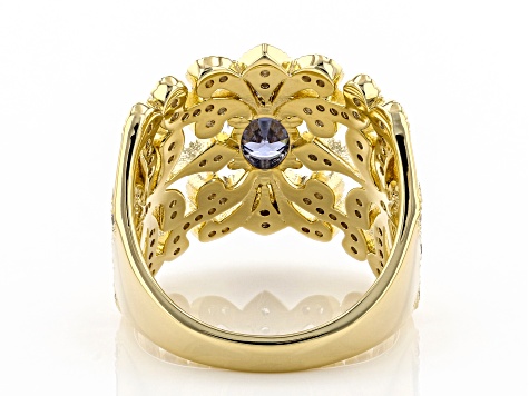 Blue And White Cubic Zirconia 18K Yellow Gold Over Sterling Silver Ring 2.13ctw