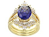Blue And White Cubic Zirconia 18k Yellow Gold Over Sterling Silver Ring With Bands 6.51ctw