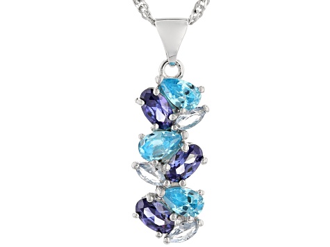 Blue Cubic Zirconia And Lab Created Blue Spinel Rhodium Over Silver Pendant With Chain 1.93ctw