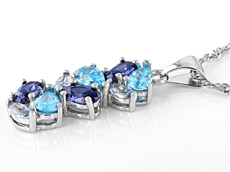 Blue Cubic Zirconia And Lab Created Blue Spinel Rhodium Over Silver Pendant With Chain 1.93ctw