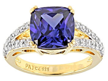 Picture of Blue And White Cubic Zirconia 18K Yellow Gold Over Sterling Silver Ring 3.91ctw