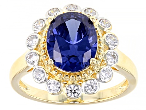 Blue And White Cubic Zirconia 18K Yellow Gold Over Sterling Silver Ring 5.34ctw