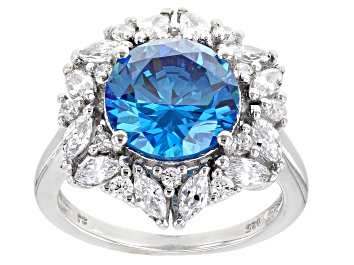 Picture of Blue And White Cubic Zirconia Rhodium Over Sterling Silver Ring 7.34ctw
