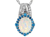 Lab Created Opal And Blue And White Cubic Zirconia Rhodium Over Silver Pendant With Chain 1.68ctw