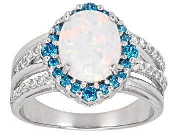 Picture of Lab Created Opal And Blue And White Cubic Zirconia Rhodium Over Sterling Silver Ring 2.03ctw