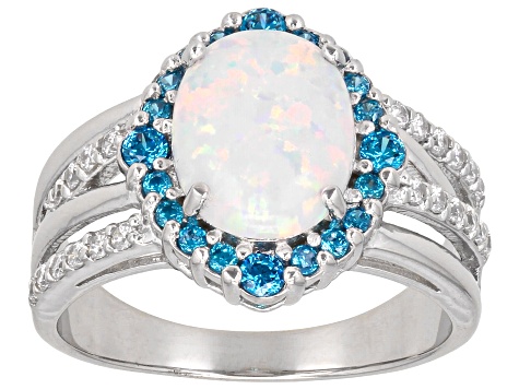 Lab Created Opal And Blue And White Cubic Zirconia Rhodium Over ...