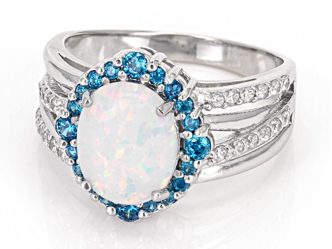 Lab Created Opal And Blue And White Cubic Zirconia Rhodium Over Sterling Silver Ring 2.03ctw