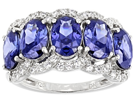 Blue and White Cubic Zirconia Rhodium Over Sterling Silver Ring