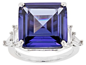 Blue and White Cubic Zirconia Rhodium Over Silver Asscher Cut Ring