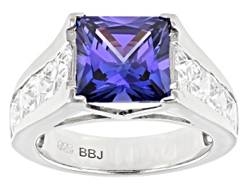 Picture of Blue and White Cubic Zirconia Platinum Over Silver Ring