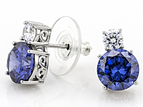 Blue And White Cubic Zirconia Rhodium Over Sterling Silver Earrings 6.23ctw