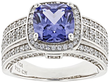 Picture of Blue And White Cubic Zirconia Rhodium Over Sterling Silver Ring 5.42ctw