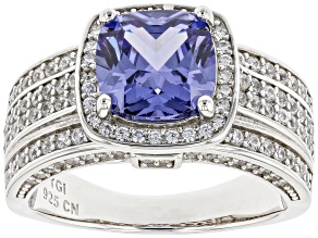 Blue And White Cubic Zirconia Rhodium Over Sterling Silver Ring 5.42ctw