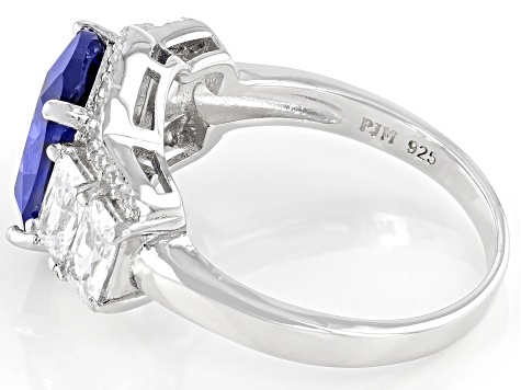 Blue And White Cubic Zirconia Platinum Over Sterling Silver Ring 6.98ctw
