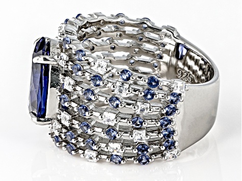 Blue And White Cubic Zirconia Rhodium Over Sterling Silver Ring 7.16ctw