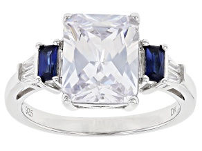 White Cubic Zirconia and Blue Lab Created Sapphire Rhodium Over Silver Ring. 4.99ctw