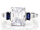 White Cubic Zirconia and Blue Lab Created Sapphire Rhodium Over Silver Ring. 4.99ctw