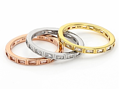 White Cubic Zirconia And Morganite Simulant Rhodium And 18k Yellow And Rose Gold Over Silver Rings