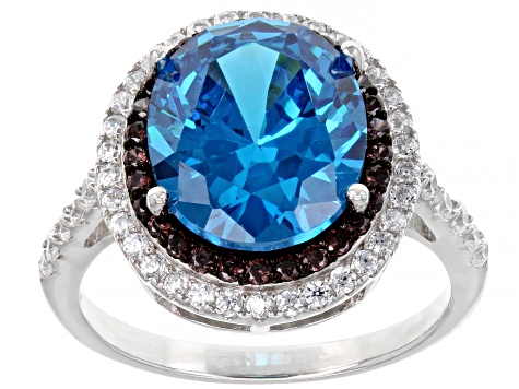 Blue, Mocha, And White Cubic Zirconia Rhodium Over Sterling Silver Ring 9.70ctw