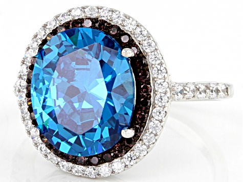 Blue, Mocha, And White Cubic Zirconia Rhodium Over Sterling Silver Ring 9.70ctw
