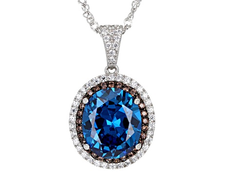 Blue, Mocha, And White Cubic Zirconia Rhodium Over Sterling Silver Pendant With Chain 9.40ctw