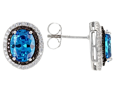 Blue, Mocha, And White Cubic Zirconia Rhodium Over Sterling Silver Earrings 7.96ctw