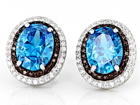 Blue, Mocha, And White Cubic Zirconia Rhodium Over Sterling Silver Earrings 7.96ctw