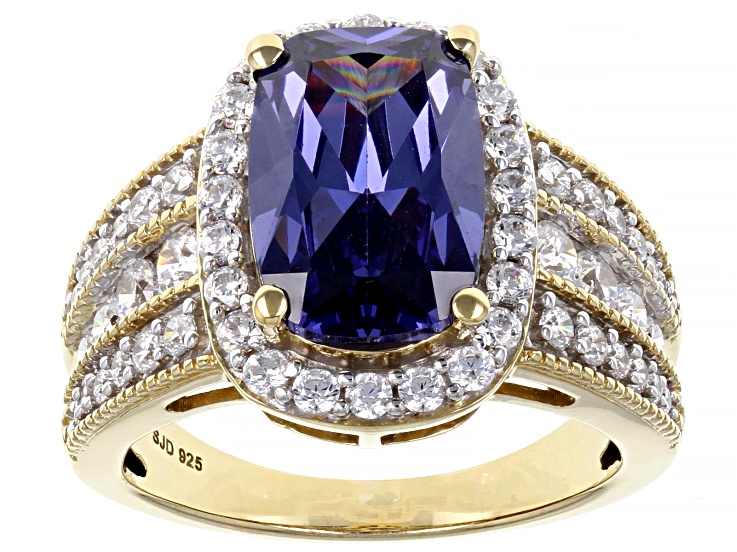 Blue And White Cubic Zirconia 18k Yellow Gold Over Sterling Silver Ring 8.22ctw