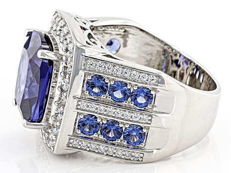 Blue And White Cubic Zirconia Rhodium Over Sterling Silver Ring 12.24ctw