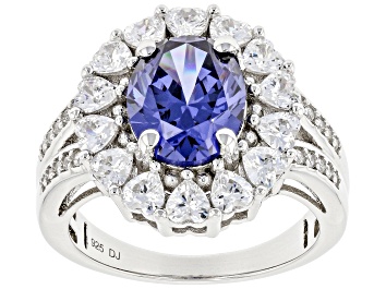 Picture of Blue And White Cubic Zirconia Rhodium Over Sterling Silver Ring 7.10ctw