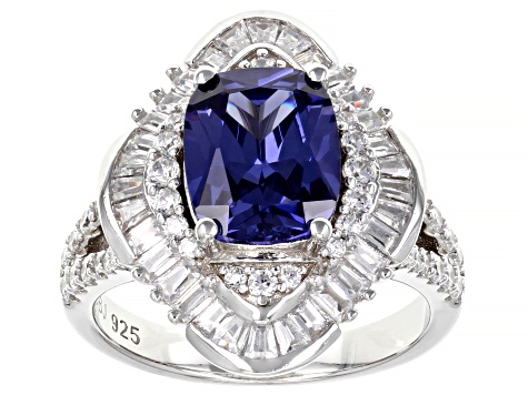 Blue And White Cubic Zirconia Rhodium Over Sterling Silver Ring 6.98ctw