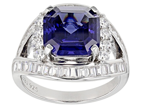 Blue And White Cubic Zirconia Rhodium Over Sterling Silver Asscher Cut ...