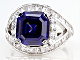 Blue And White Cubic Zirconia Rhodium Over Sterling Silver Asscher Cut Ring 10.04ctw