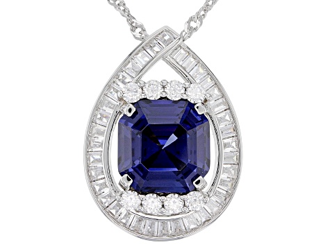 Blue And White Cubic Zirconia Rhodium Over Sterling Silver Asscher Cut Pendant With Chain 9.83ctw
