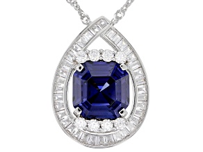 Blue And White Cubic Zirconia Rhodium Over Sterling Silver Asscher Cut Pendant With Chain 9.83ctw