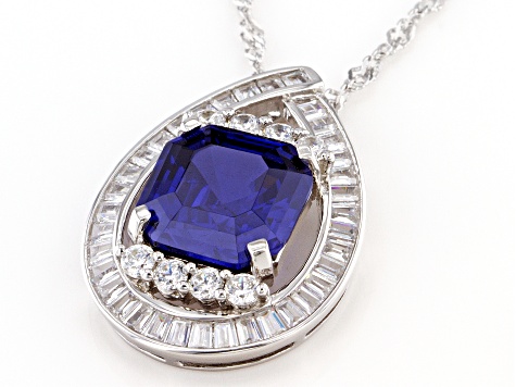 Blue And White Cubic Zirconia Rhodium Over Sterling Silver Asscher Cut Pendant With Chain 9.83ctw