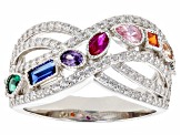 Multi-Color Cubic Zirconia, Lab Ruby, Lab Green & Lab Blue Spinel Rhodium Over Silver Ring 1.82ctw