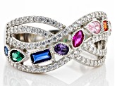 Multi-Color Cubic Zirconia, Lab Ruby, Lab Green & Lab Blue Spinel Rhodium Over Silver Ring 1.82ctw