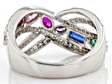 Multi-Color Cubic Zirconia, Lab Ruby, Lab Green & Lab Blue Spinel Rhodium Over Silver Ring 1.82ctw
