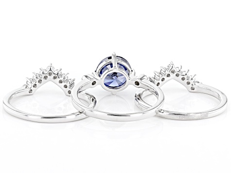 Blue And White Cubic Zirconia Rhodium Over Sterling Silver 3 Ring Set 4.46ctw