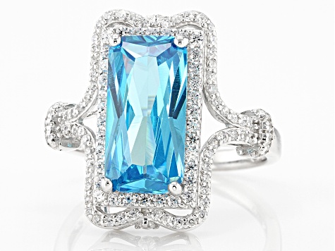 Blue And White Cubic Zirconia Rhodium Over Sterling Silver Ring 7.64ctw