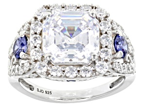 Blue And White Cubic Zirconia Platinum Over Sterling Silver Asscher Cut Ring 7.21ctw