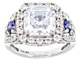 Blue And White Cubic Zirconia Platinum Over Sterling Silver Asscher Cut Ring 7.21ctw