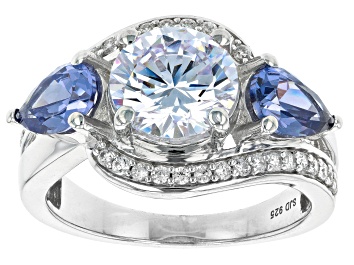 Picture of Blue And White Cubic Zirconia Platinum Over Sterling Silver Ring 5.90ctw