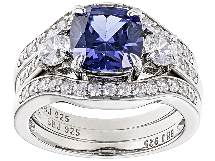 Blue And White Cubic Zirconia Rhodium Over Sterling Silver 3 Ring Set 5.58ctw